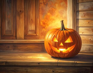 Obraz premium Glowing carved jack-o-lantern placed on rustic wooden deck with warm candlelight, autumn leaves scattered, cozy retro Halloween atmosphere with film grain texture