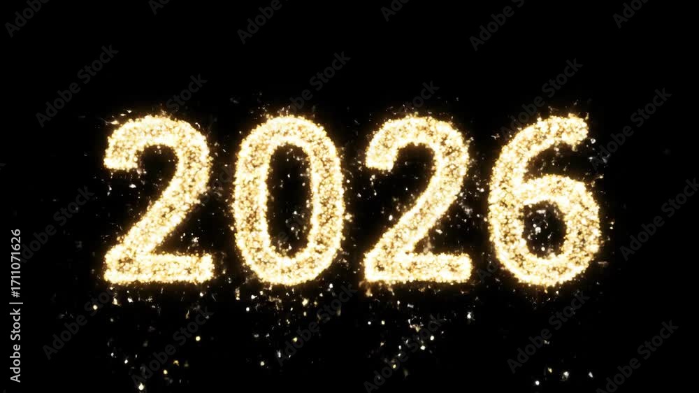 Poster exploding glittering particles forming 2026 title on black background slowly fading, festive year ch