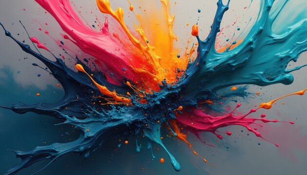 Explosion of vibrant liquid paint splatters in dynamic motion. Abstract wave forms of blue, pink, orange, and teal merge and flow with energetic visual impact.