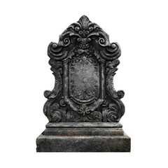 Intricate vintage monument with ornate carvings in stone garden, isolated on transparent cutout background