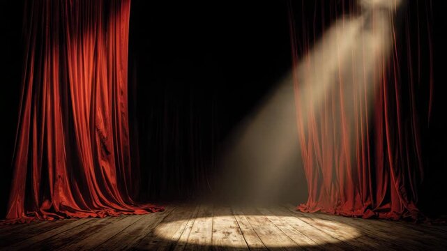 Empty theater stage with spotlight, red curtain background, dramatic scene lighting, classic performance setup, wooden floor under light