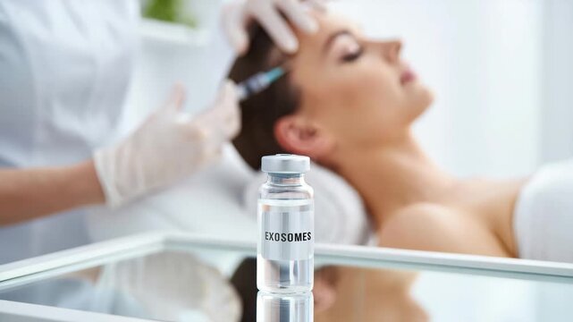 Exosome injection treatment in aesthetic clinic, woman receiving regenerative skincare therapy, anti-aging beauty procedure with exosome serum vial