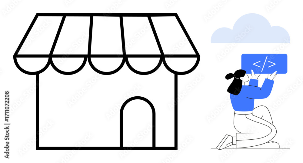 Aufkleber woman holding a coding screen next to a storefront icon under a cloud. ideal for e-commerce, coding,