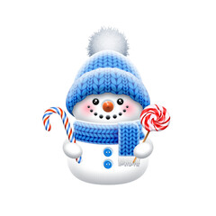 Funny Christmas snowman with candy canes. PNG illustration isolated on transparent background.
