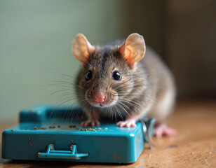 Fototapeta premium Small grey mouse sits on blue glue trap. Rodent stuck in sticky trap near food crumbs. Pest control in home kitchen environment. Danger and risk for house inhabitants.