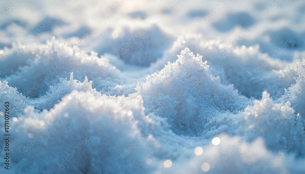 Poster close up on snow formations with crystalline patterns. winter textures glisten with light. blue hues