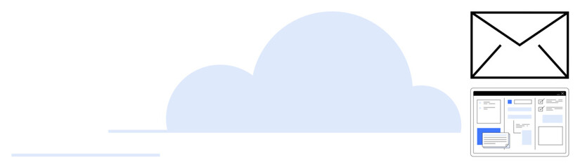 Cloud shape, email envelope, and web interface highlight digital storage, connectivity, and versatility. Ideal for technology, communication, data sharing, cloud storage email service innovation