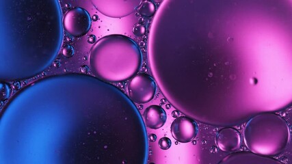 Vibrant blue and magenta oil bubbles create an abstract macro design of colorful liquid droplets floating on a purple water surface for a beautiful texture - Powered by Adobe