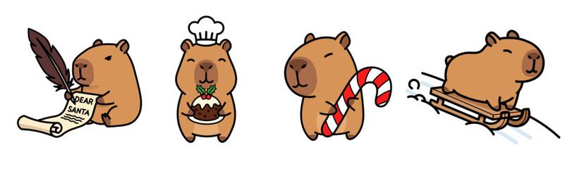 A set of four cute cartoon capybaras celebrating Christmas and winter holidays. This festive collection includes a capybara writing a letter to Santa, cooking a Christmas pudding, holding a candy cane