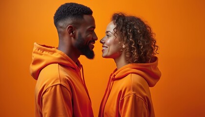 Man, woman in orange hoodies face each other smiling against plain orange background. Side profile studio portrait shows connection, teamwork, urban fashion style. Together, people share warmth.