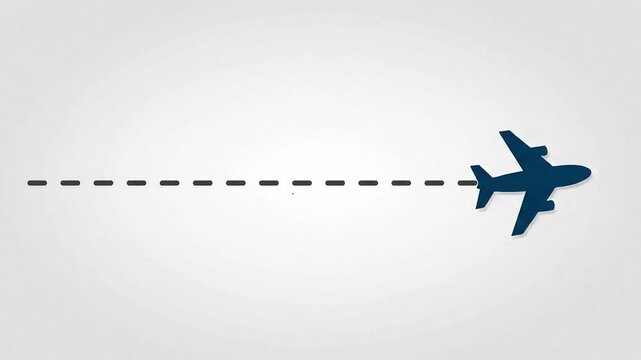 A blue airplane icon flies along a dotted line flight path representing a journey or travel route for aviation tourism and transportation on a symbolic trip to a final destination