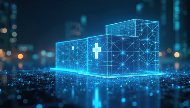 Blue wireframe hospital building stands on digital network grid. Glowing crosses mark medical tech advancement. Modern smart healthcare facility connects innovation in future medicine with patient