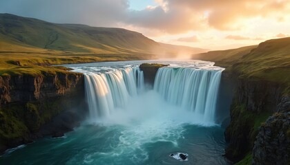 Majestic waterfall cascades down rugged cliffs into turquoise water. Green hills rise on either side under a warm, cloudy sky. Powerful water flow creates mist, showing raw nature.