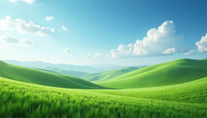 Obraz premium Vibrant green rolling hills under a bright blue sky with fluffy white clouds. Gentle slopes form a serene natural landscape. This peaceful panorama invites tranquility and outdoor adventure.