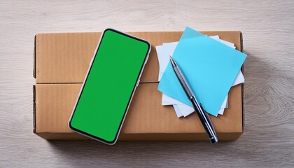 smartphone with green screen leaning on a return package with blue sticky notes and pen