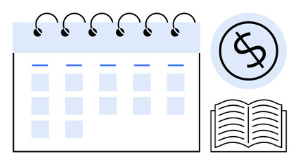 Spiral calendar with marked days, open book, and dollar sign in a circle. Ideal for budgeting, finance, planning, education, scheduling management study tools. Simple flat metaphor