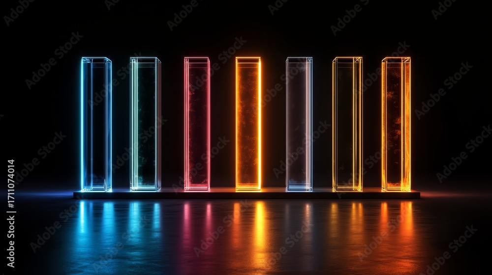 Poster row of neon colored cubes are lit up in a dark room. the cubes are arranged in a row, with the first