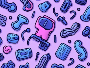 Abstract pattern of colorful cartoonish gadgets