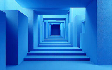 Obraz premium Blue geometric corridor with steps showing modern architectural design