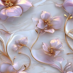 Seamless 3D floral ornament with light pink flowers and gold branches on a white marble background, with volumetric embossed details