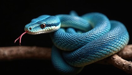 Fototapeta premium Blue pit viper snake coils on dry branch. Vivid blue body, unique scale pattern, clearly visible. Venomous reptile senses air with red tongue. eye looks. Dangerous creature. Wild animal with amazing