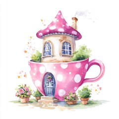 Whimsical giant teacup house with pink polka dots and charming garden details