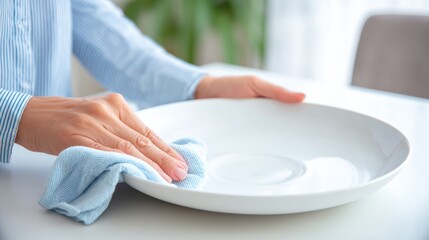 Person is cleaning a white plate with a blue cloth