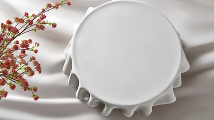 White tablecloth with a flower arrangement on it