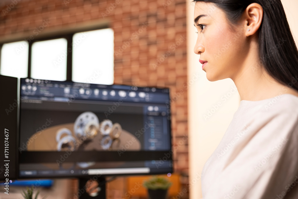 Poster asian woman engineer develops digital prototypes using cad tools at home desk. female innovator focu