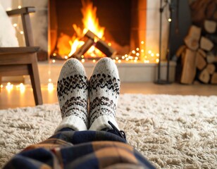 Cozy feet by a warm fireplace