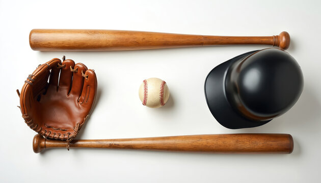 Baseball equipment including two wooden bats, a glove, ball, and helmet arranged on a white background. This classic sports gear evokes a sense of nostalgia and tradition.