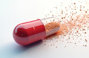 Red pill capsule opens scattering small granular particles. Medicine breakdown releases active ingredients for absorption. Medical concept of drug delivery system.