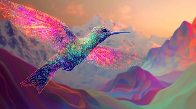 A vibrant hummingbird with geometric patterns flying over colorful mountain landscape at sunset light - Powered by Adobe