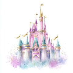 Whimsical princess castle illustration in soft pastel colors perfect for nursery decor