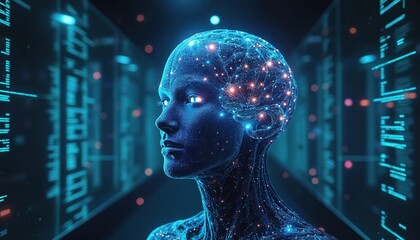Digital human head with glowing neural net, representing artificial intelligence and machine learning. Abstract cyberspace background with binary code data streams, futuristic innovation concept.