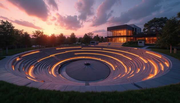 Aerial view showcases amphitheater near modern building at dusk. Open space features tiered seating with lights. It is serene place for public events at architectural landmark campus.