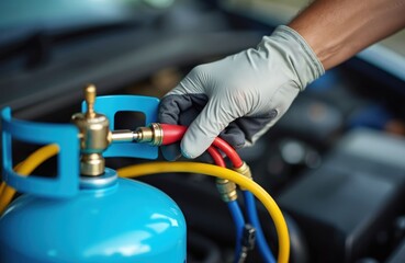 Gloved hand connects hoses to blue refrigerant tank. Mechanic refills car air conditioner system. Auto service professional performs AC gas recharge for vehicle. Car maintenance happens in workshop.