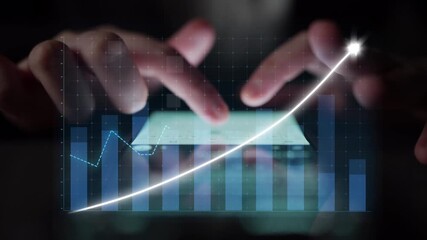 A close-up view of hands interacting with a digital tablet that displays a rising financial graph, highlighting themes of growth, investment, and technological advancement. Copula - Powered by Adobe