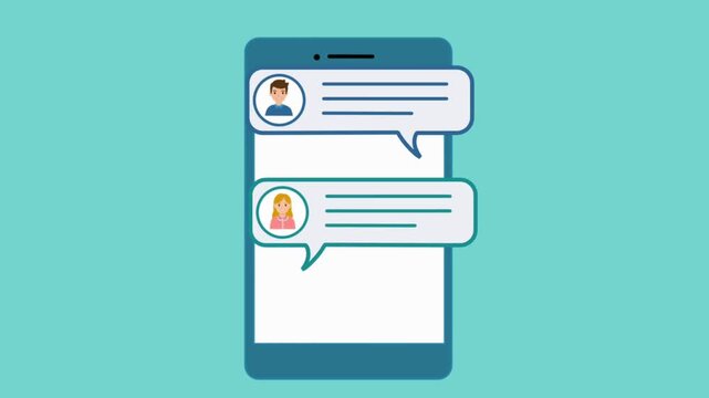 Flat vector illustration of smartphone screen showing two people chatting with speech bubbles, modern messaging app concept on teal background