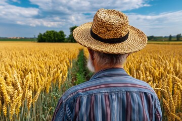 A person in a straw hat overlooks a golden wheat field, suggesting harvest time. The scene conveys tranquility and the beauty of rural life.