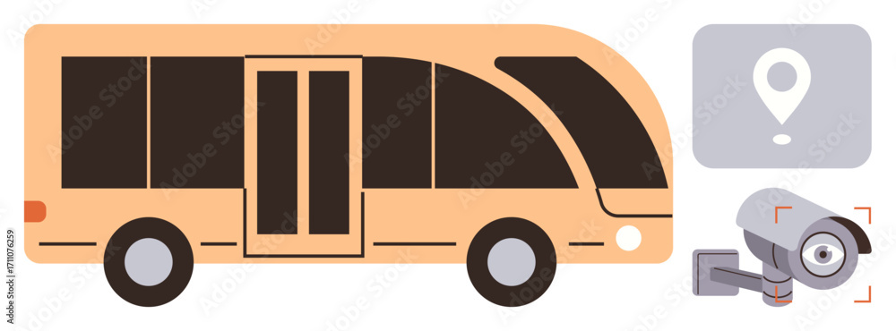 Poster modern bus with large windows, door, and wheels accompanied by geolocation pin and security camera. 