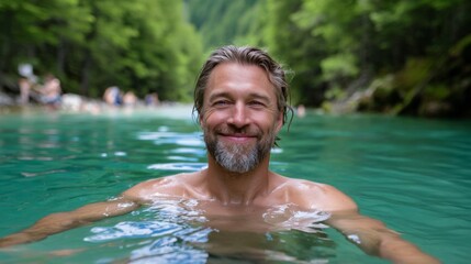 Man is smiling while swimming in a lake