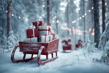 A snowy forest scene with a red wooden sled full of Christmas gifts, decorated with bright, festive string lights and a soft, dreamy background of snow-covered trees.