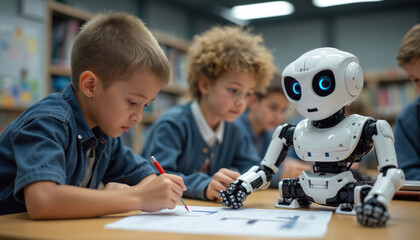 School children engage with a robot in classroom. Kids learn stem skills, robotics, and engineering. Future tech education involves kids interacting with smart machines, making projects.
