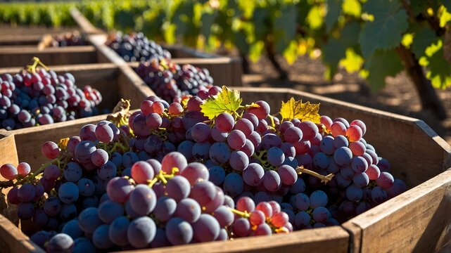 Fresh grape clusters on a sorting table during the California wine harvest.