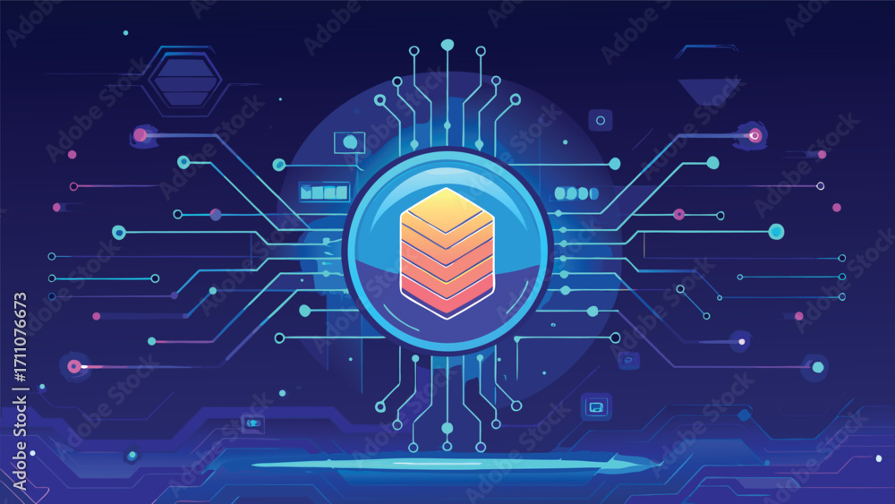 Wall mural futuristic digital circuit board with glowing technology chip and abstract cyber network design back