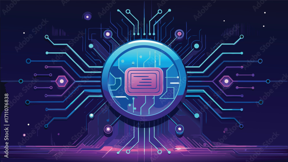 Wall mural futuristic digital circuit board with glowing technology chip and abstract cyber network design back