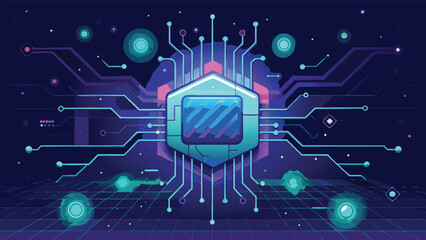 Futuristic Digital Circuit Board with Glowing Technology Chip and Abstract Cyber Network Design Background