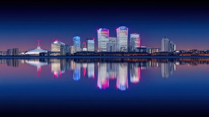 Fototapeta premium A stunning skyline view at twilight featuring illuminated skyscrapers reflecting beautifully in the water, Ideal for urban development projects, travel brochures, or cityscape presentations,