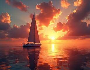 Sailboat glides on calm sea during golden hour sunset. Sun sets over ocean reflecting fiery sky. Clouds glow orange and purple creating breathtaking seascape view.